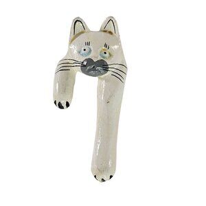 Vintage 1980s Hand Painted Wooden White Cat Brooch Pin *Minor Flaws*